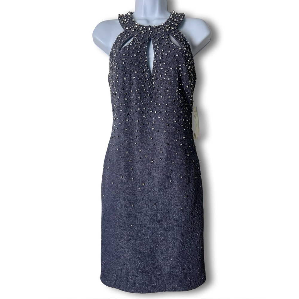 Eliza J Beaded Slate Gray Rhinestone Halter Sheath Dress Bodycon NWT - Sz 2